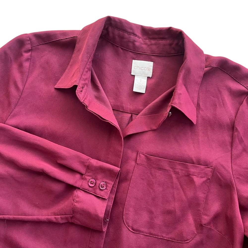 Chicos 1 Womens M Burgundy Side Button Long Sleeve Tunic Blouse Chic Preppy Work